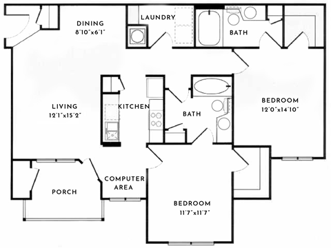 Floor plan for 2 beds, 2 baths, 1180 sqft